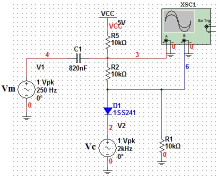 Illustration 2: Se añade el mensaje al circuito modulador. Este circuito puede encontrarse en [Paynter]. Rectificando la señal 1.