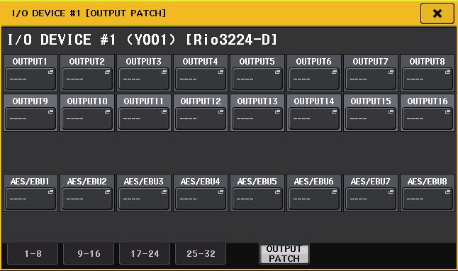 Ventana OUTPUT PATCH (patch de salida) Se muestra cuando se pulsa el dispositivo en la pantalla I/O DEVICE (página DANTE PATCH). Define el patch de salida.