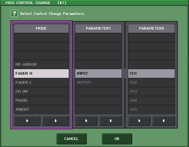MIDI Ventana MIDI CONTROL CHANGE (cambio de control MIDI) Para mostrar esta ventana, pulse cualquier evento de la página CONTROL CHANGE.