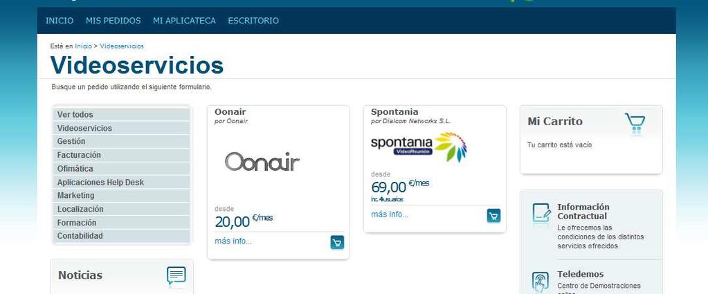 En la sección de Videoservicios, se muestran las diferentes aplicaciones, en este caso se escoge comprar Oonair.