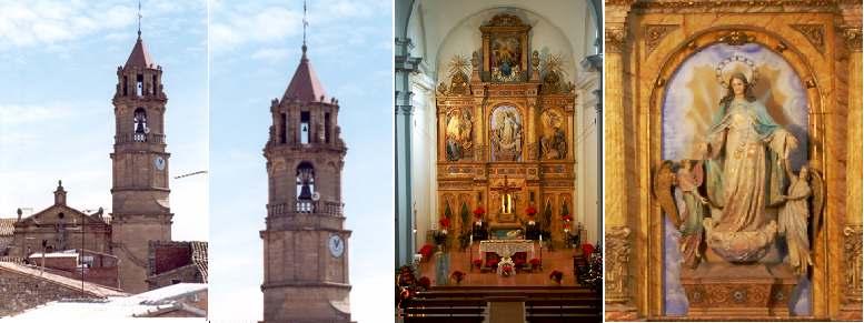 octogonales. ❸ Retablo de tres calles de dos pisos, el ático. ❹ La titular de la parroquia en el centro del retablo.