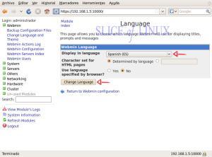Accedemos a la configuración de Webmin 13 Ahora en Display in language seleccionamos Spanish (ES) y hacemos clic en Change  Cambiamos