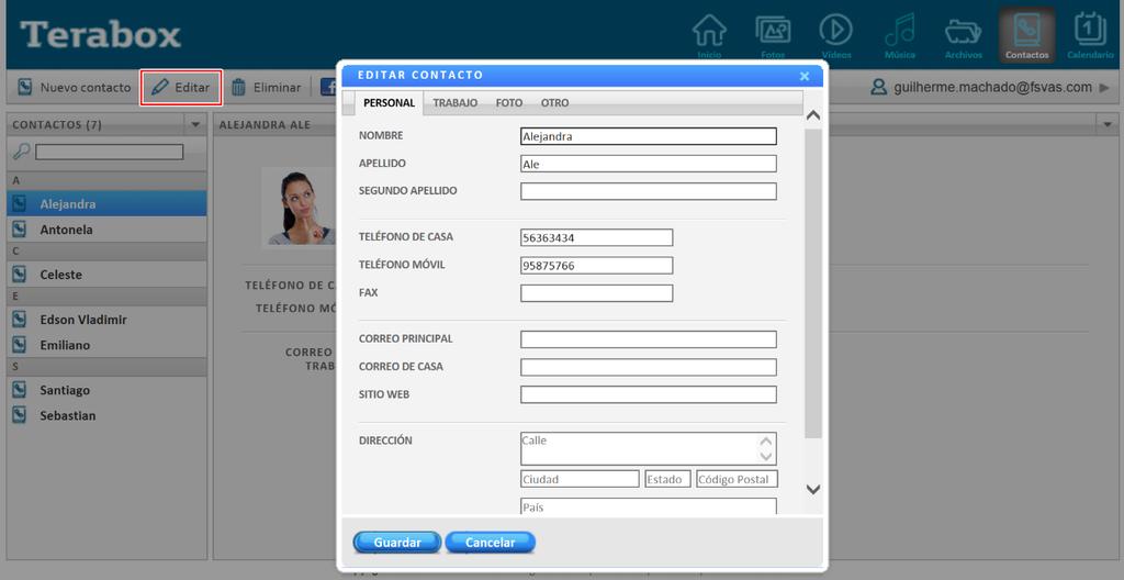 3.6.2 Editar Contacto Para editar un contacto de Terabox, selecciona el contacto que quieras y hace clic en el botón Editar : Edita los datos del contacto que creas conveniente y hace clic en el