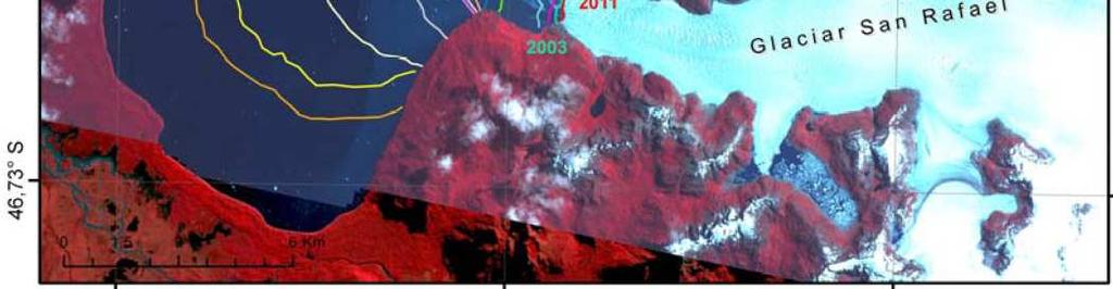 43 km² entre 1972 y 2007 El Glaciar San Rafael (CHN): reducción de 74 metros por año entre