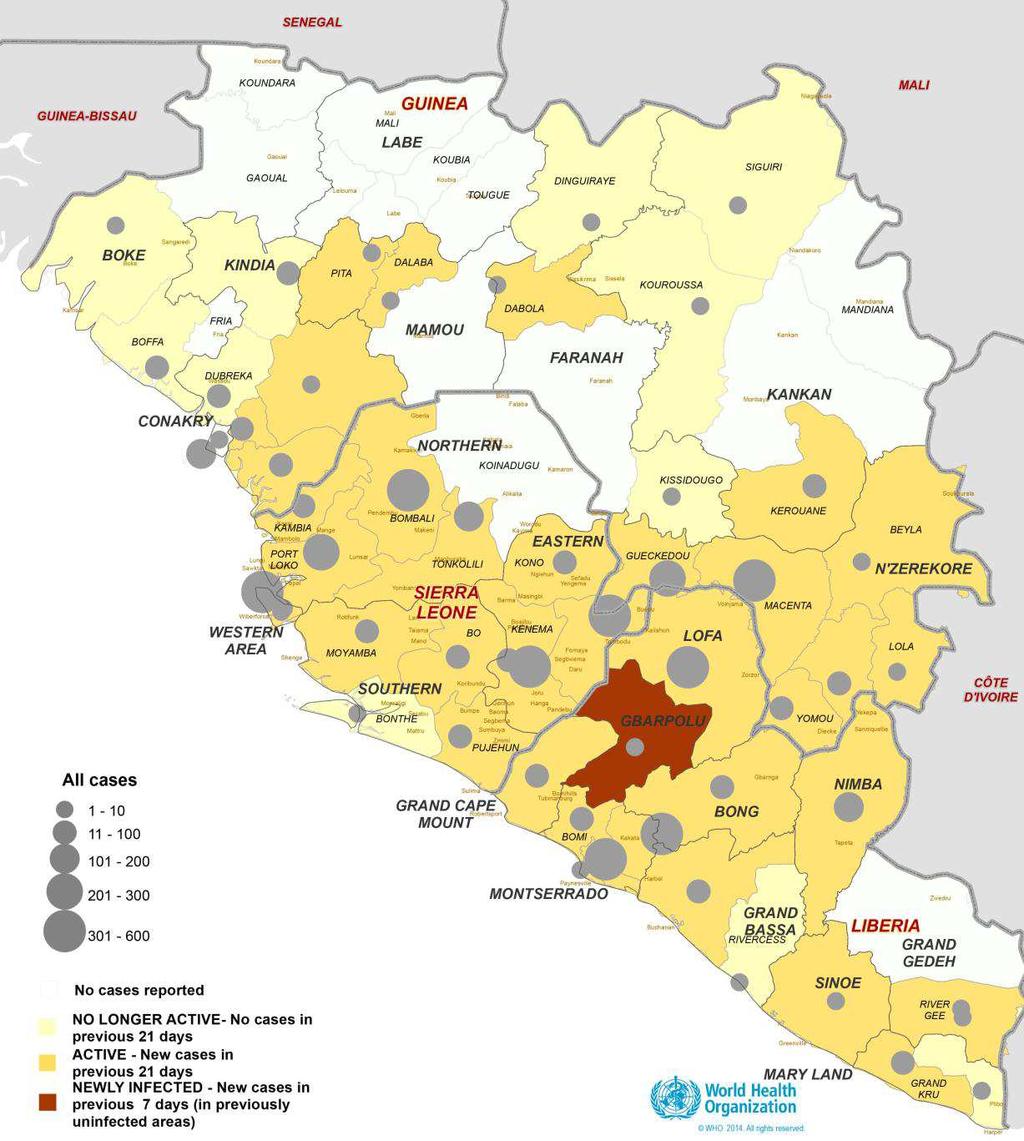 Figura 3. Distritos afectados por el brote de EVE en los países de África Occidental Fuente: WHO: Ebola Response Roadmap Update. 10 October 2014 http://apps.who.