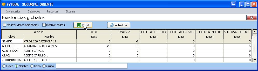 Búsqueda inteligente.- Muestra la información en pantalla de acuerdo a las opciones que se muestran. 5.1 Enviar las existencias a una Hoja de Excel. 1.