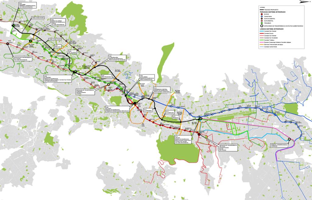 SISTEMA INTEGRADO AL 2017 El Metro no es una línea más ; es un elemento que ar4cula y ordena todo el sistema de transporte público, integrando los corredores longitudinales y transversales en una