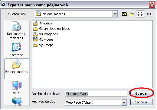 Verá una nueva ventana Exportar Cmap como, elija la opción Página Web El archivo se llamará