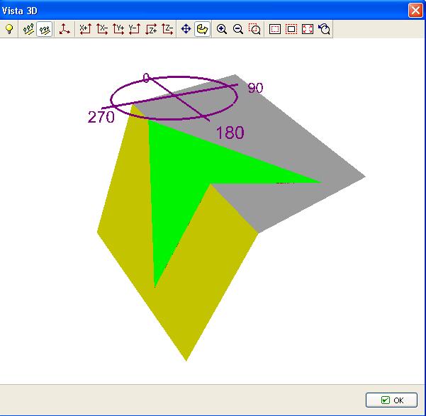 Vista en 3D de la cuña de roca en la ventana 3D Nota: En los planos de corte en 3D las orientaciones están relacionadas con las coordenadas geográficas.