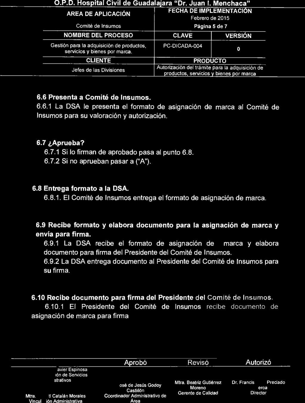 PD Hospital Civil de Guada ajara "Dr Juan I Menchaca" oh' fm11-941 11 Comité de Insumos Página 5 de 7-1 66 Presenta a Comité de Insumos 661 La DSA le presenta el formato de asignación de marca al