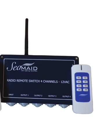 Modelo 1 canal con mando a distancia 2 botones Ideal para controlar hasta 6 unidades de proyectores SeaMAID en sincronización total. Marcha/Paro para el blanco o la gestión de los colores para el RVA.