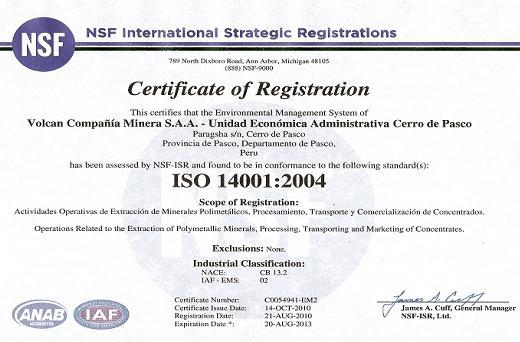 Medio Ambiente Cerro de Pasco Certificación ISO 14001 desde 2001 Certificación OHSAS 18001