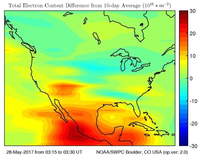 Efectos en México: Tormentas ionósfera y magnética La imagen muestra mapas TEC de norteamérica calculados por el SWPC de la NOAA.