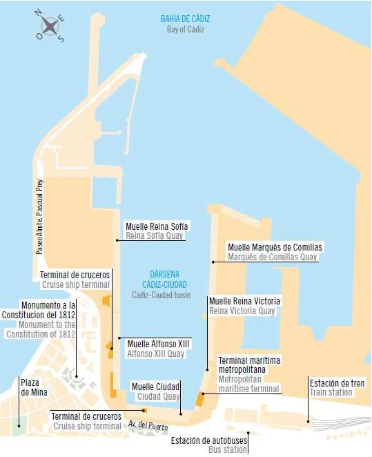 Infraestructuras portuarias del Puerto de Cádiz Las principales características técnicas del Puerto Bahía de Cádiz son: La Dársena Cádiz-Ciudad está compuesta por 6 muelles de los cuales 5 albergan