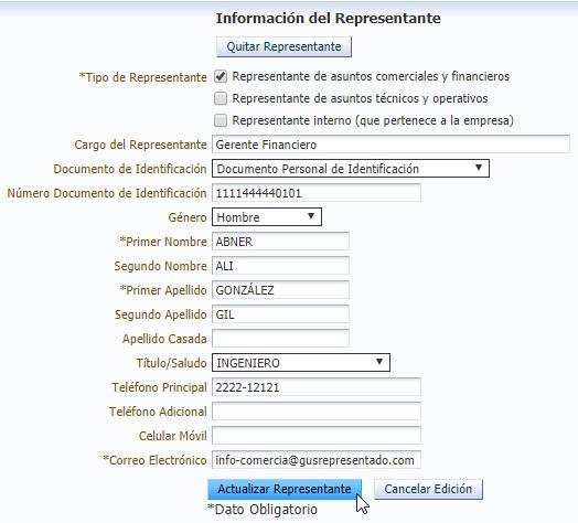 Al dar clic en el nombre del representante se mostrará una pantalla similar a la de ingreso donde se podrán actualizar o modificar los datos del representante seleccionado.