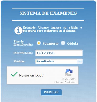 ec De clic sobre la imagen de consulta de EL RESULTADO DEL EXAMEN y se abrirá la página principal del sistema de exámenes.