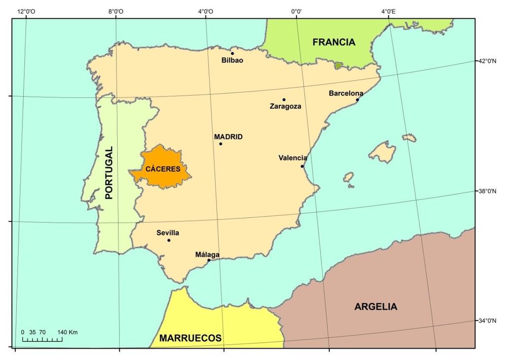 ZONA DE ESTUDIO.- La provincia de Cáceres, con una superficie de 19.868,22 kilómetros cuadrados (la segunda provincia más extensa de España), y una población absoluta de 413.
