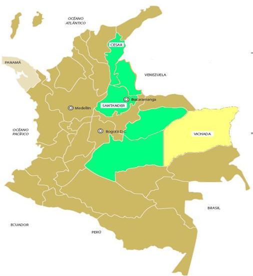 Fuente: Indupalma. Cubrimiento geográfico - INDUPALMA Presencia en 5 departamentos de Colombia: Cesar, Santander, Norte de Santander, Meta y Vichada. Cesar, Santander y Norte de Santander: 20.000 has.