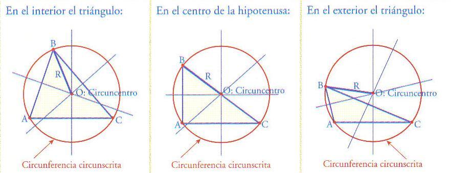 Dependiendo del tipo de triángulo, así será la posición del circuncentro. Veamos el siguiente cuadro. TRIÁNGULO ACUTÁNGULO RECTÁNGULO OBTUSÁNGULO Posición del circuncentro 8.