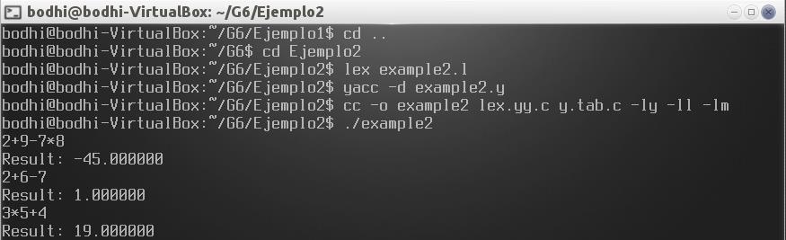 7 Compiladores / Guía VI / Ciclo 02-2016 int main(void) { yyparse() Para compilar: Ejercicios propuestos 1. Modificar el ejemplo 2 de manera que se pueda dividir.