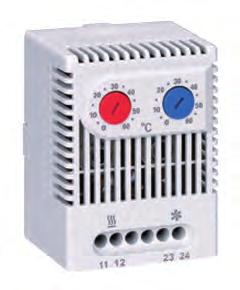 TERMOSTATO DOBLE GTHVT > 2 termostatos (NO y NC) en una carcasa > Ajuste y funcionamiento por separado > Alta capacidad de conmutación, terminales de fácil acceso > Fijación por clip sobre carril DIN