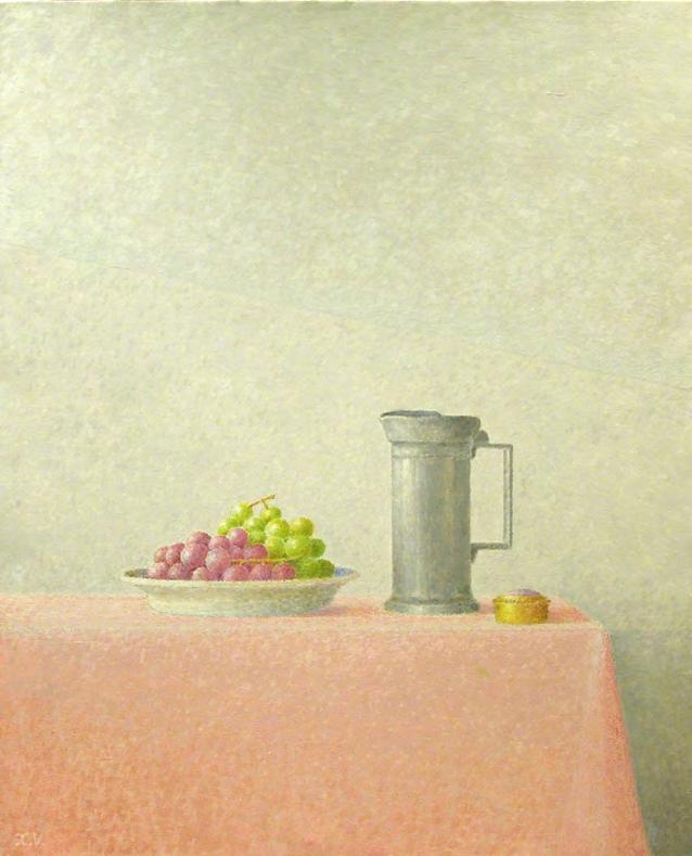XAVIER VALLS Plato con uvas, recipiente de estaño y