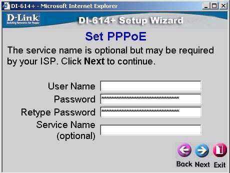 Visualizará la siguiente pantalla donde debe digitar en los campos en blanco el PPPoE Account (nombre del usuario) y PPPoE password (contraseña), que