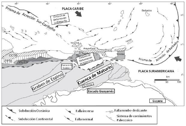 El marco tectónico generalizado de la Cuenca Oriental de Venezuela se encuentra descrito y simplificado en la siguiente imagen (figura 4.