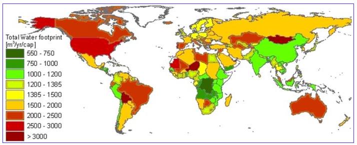 Huella de agua Huella hídrica promedio de consumo nacional en m 3 por año por habitante Periodo 1996 2005 (Mekonnen y Hoekstra, 2011) Consumo mundial promedio de 1385 m 3 /año/habitante Países en