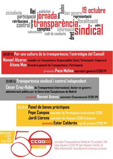 JORNADA DE TRANSPARENCIA SINDICAL CCOO PV organizo el 19 de octubre de 2016 en el salón de actos de la sede de Valencia (Plaza Nápoles y Sicilia, 5) una jornada abierta al público, a la afiliación, a