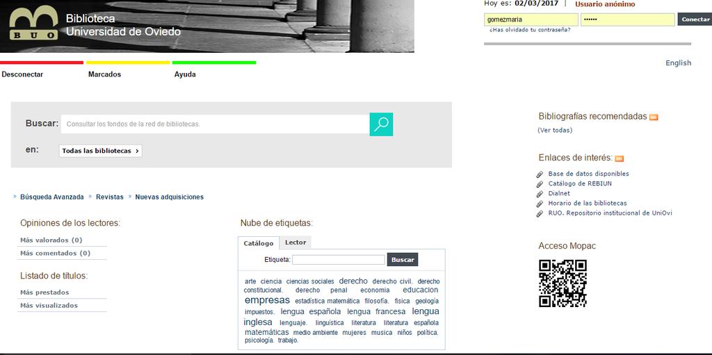 2. ACCESO AL CATÁLOGO Desde esta página de inicio al catálogo de la BUO, el usuario puede consultar el total de los fondos bibliográficos o los subcatálogos