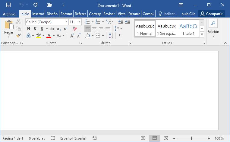 El primer Documento Al arrancar Word 2016 aparece una pantalla inicial con la opción Documento en blanco, al hacer clic aparece una pantalla como ésta.