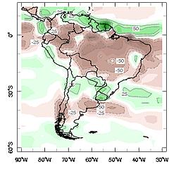 En el resto de América del Sur, la temperatura media de marzo no manifiesta grandes desvíos, ni negativos, ni positivos.