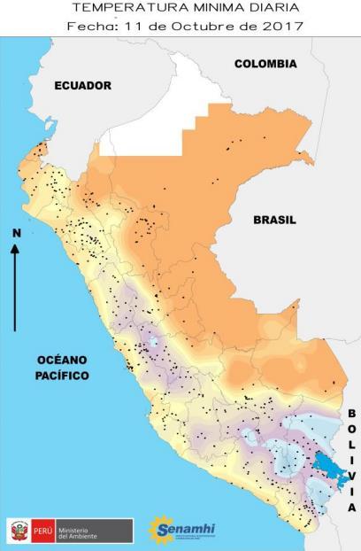San Antonio de Chuca (Arequipa) y Palca (Tacna), que reportaron valores mínimos de -6.4 C, -6.2 C, -6 C y -5.1 C, respectivamente.