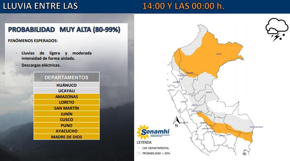 Dichas precipitaciones vendrán acompañadas de descargas eléctricas, afectando principalmente a diversos poblados de la región Amazonas, Loreto, San Martín, Junín, Cusco, Puno, Ayacucho y Madre de