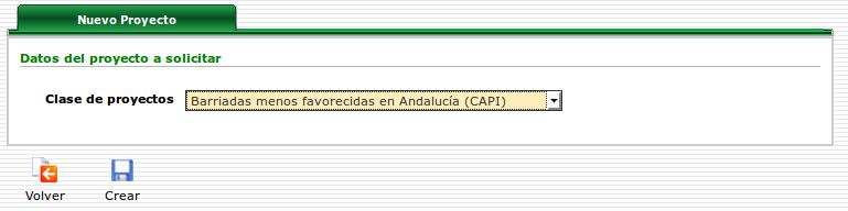 Las opciones de clase de proyecto pueden ser: - Barriadas menos favorecidas en Andalucía (CAPI) - Comunidades Andaluzas en España (CAEs España) - Comunidades Andaluzas en el Extranjero (CAEs