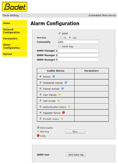 3.4 Configuración de las alarmas Esta página permite activar la supervisión del producto, determinar la información que se suministrará y el servidor de destino.