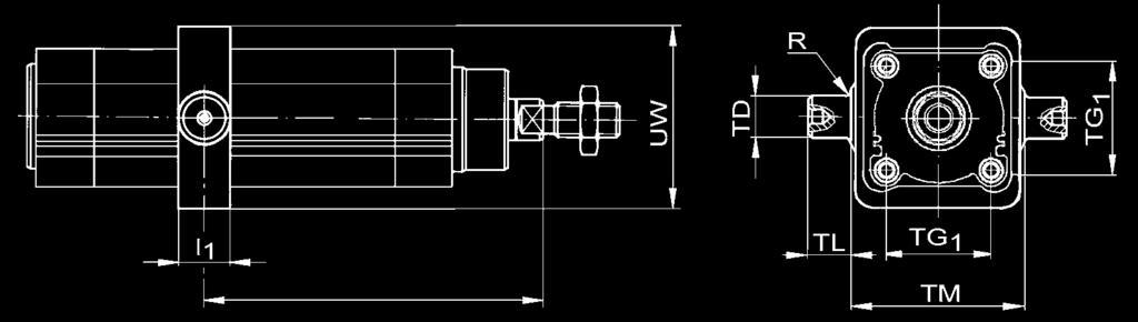 según normas Accesorios Fijaciones Piezas sueltas Charnela regulable únicamente para cilindros G (GeoMetric ) versión tubo perfi lado con un diámetro de pistón de 32 a 100 mm variable Pistón UW l 1