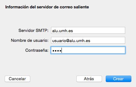 A continuación tenemos que introducir los datos del servidor de correo saliente SMTP. En el servidor SMTP escribiremos alu.umh.