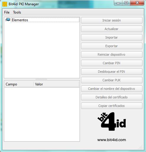 Se abrirá la ventana Bit4id PKI Manager con el cual el usuario podrá acceder a todos los recursos y las claves de