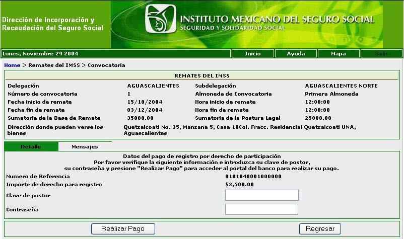 ANEXO 1. Registro de pago para Deposito en Garantía o Pago Total por Convocatoria, Lote o Bien El usuario tiene acceso la pantalla de registro de pagos (fig.