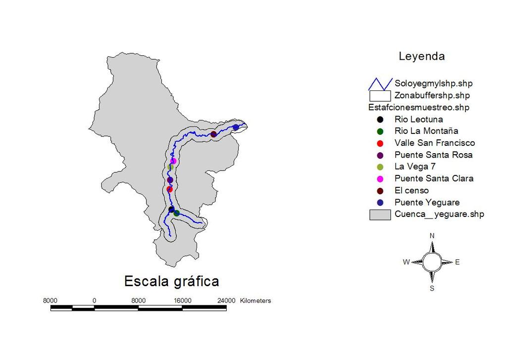 6 Mapa 2. Localización de las estaciones de monitoreo de calidad de agua por medio de macroinvertebrados en la subcuenca del Río Yeguare, Zamorano, 2004.
