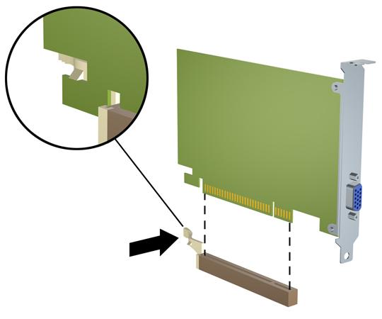 c. Si va a extraer una tarjeta PCI Express x16, aleje el brazo de retención de la parte posterior del zócalo de extensión de la tarjeta y, con cuidado, mueva la tarjeta hacia delante y hacia atrás