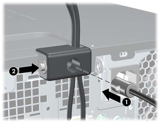 4. Introduzca el extremo del cable de seguridad en el candado (1) y presione el botón en (2) para bloquear el candado. Utilice la llave suministrada para desbloquear el candado.