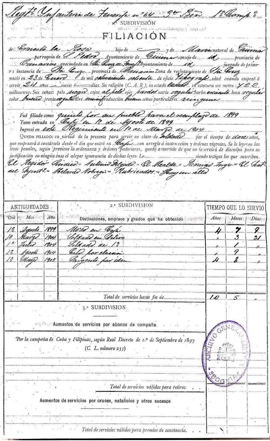 El 4 de septiembre de 1909, el sargento de la Rosa Lugo marchó al pueblo de Arico, en uso de tres meses de licencia por enfermo que le habían sido concedidos por el capitán general de Canarias; y el