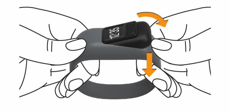8 Inserta el dispositivo en la correa de silicona flexible ajustando el material de la correa alrededor del dispositivo.