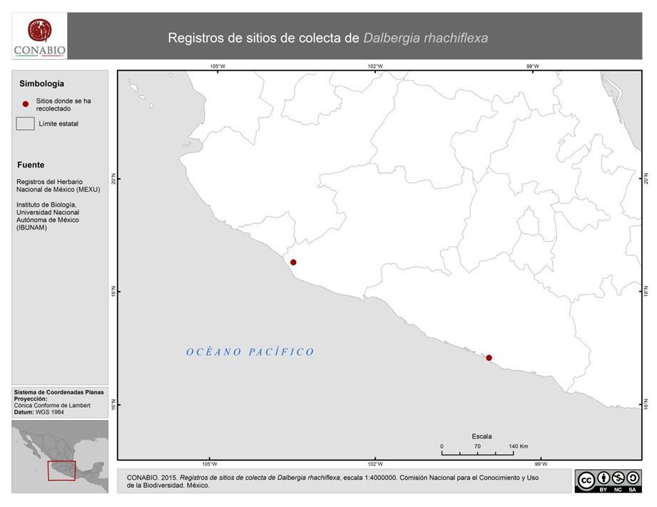 Figura 11. Mapa de registros de colecta históricos de Dalbergia rhachiflexa, escala 1:400 000.