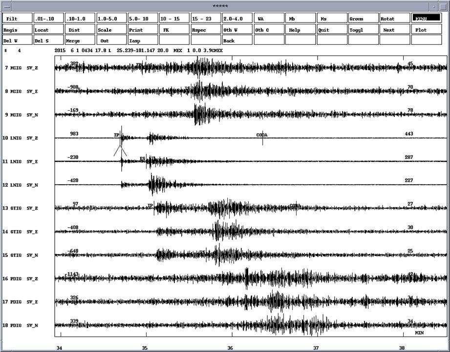 Figura 1. Sismogramas utilizados en la localización del sismo. Tabla 1. Localizaciones epicentrales (SSN) de los sismos con Mc 3.