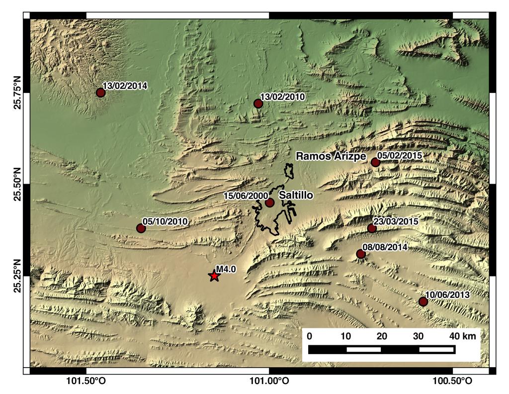 Figura 2. Localización epicentral de los sismos que han ocurrido en los alrededores de la ciudad de Saltillo, Coahuila para el periodo 00 15 (SSN, USGS).