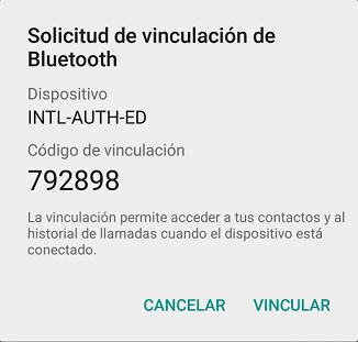 4 Registro de Proximidad Bluetooth 9. Aparecerá la pantalla Solicitud de emparejamiento de Bluetooth en el teléfono.